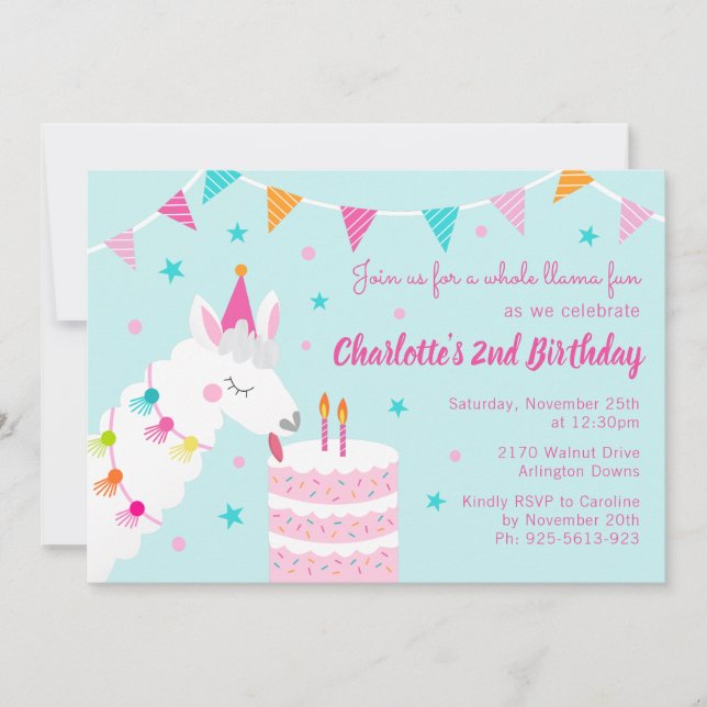 Convite Segundo aniversário De Bolo De Llama Inteiro Aqua (Frente)