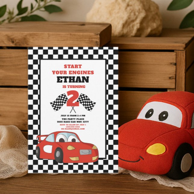 Convite Segundo aniversário de Criança de Carro Raça Verme (Red race car little boy's 2nd birthday party invitation)