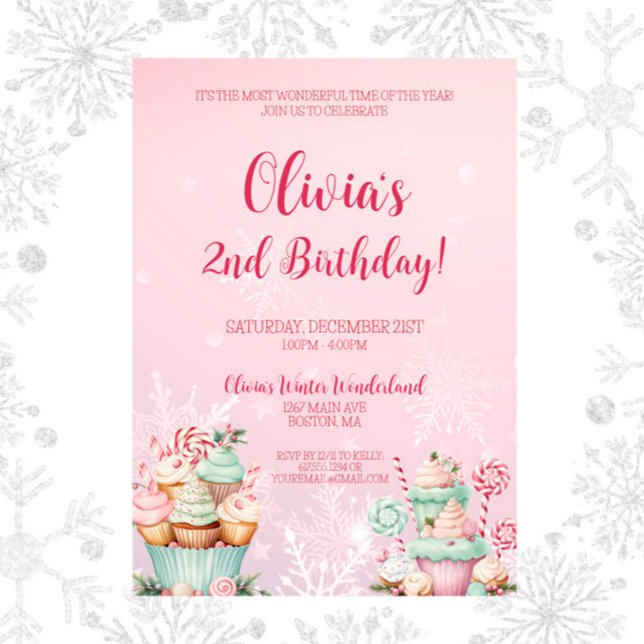 Convite Segundo aniversário de Cupcake de Floco de Neve Ro (Pink Christmas Two Sweet Snowflake Cupcake Birthday Invitation )