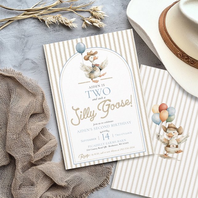 Convite SEGUNDO ANIVERSÁRIO de dois Bobos de Goose Cowboy  (TWO Silly Goose modern western wild west neutral ticking pinstripe 2nd birthday party invitation )