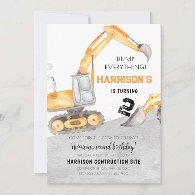 Convite Segundo aniversário de Dump do Caminhão de Constru (Frente)
