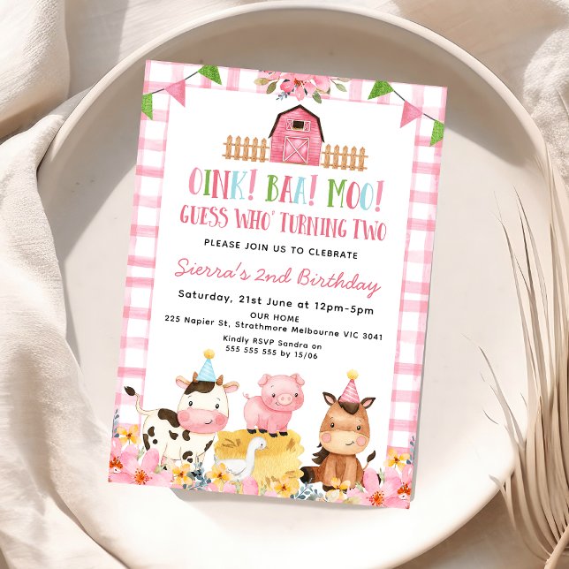 Convite Segundo aniversário de Fazenda de reabastecimento  (Pink Gingham Girls Oink Baa Moo 2nd Birthday Invitation, Farm Second Birthday Invite For Girl, )
