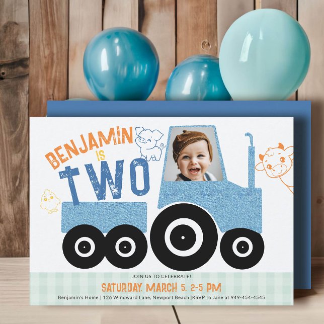 Convite Segundo aniversário de Fotografias de Cachorro de  (farm tractor birthday invitation 2nd second boy photo animals barnyard cute illustration denim blue )