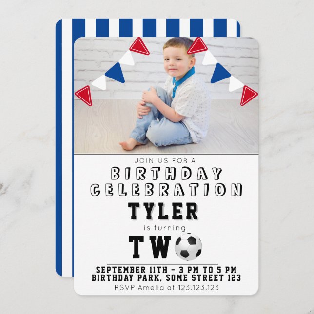 Convite segundo aniversário de Fotos de Futebol Infantil (Frente/Verso)