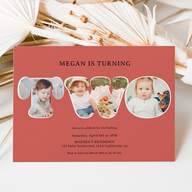 Convite Segundo aniversário de fotos Simples boho terracot (Criador carregado)