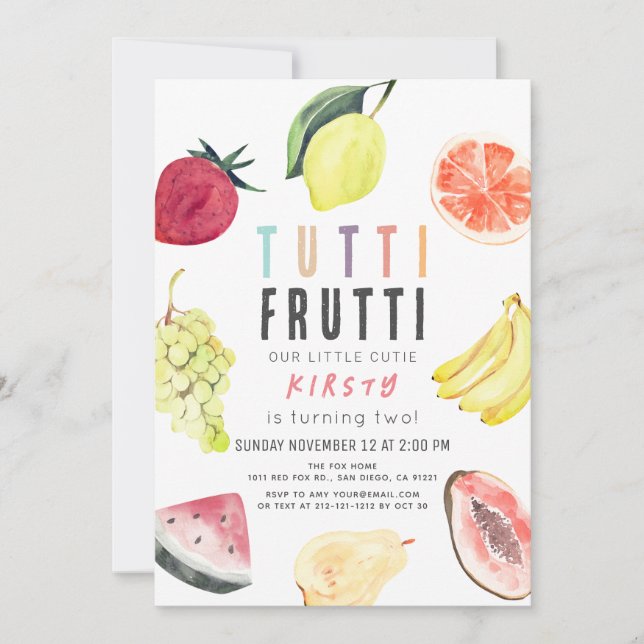 Convite Segundo aniversário de Fruta de Aquarela Tutti Fru (Frente)