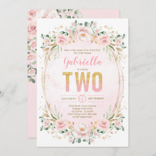 Convite segundo aniversário de Garota Dourada Rosa Floral 