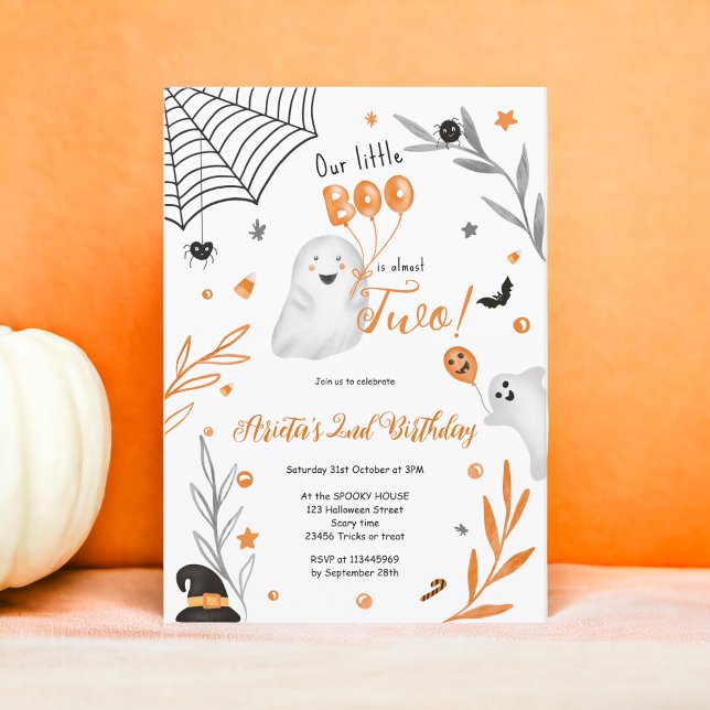 Convite Segundo aniversário de laranja Bonito Boo Hallowee (Cute little Boo Halloween orange 2nd birthday Invitation)
