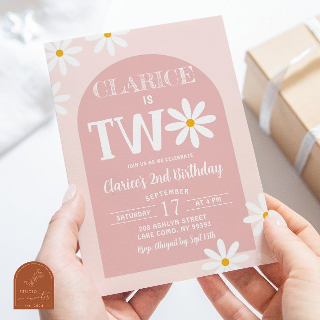 Convite Segundo aniversário de margarida rosa boho (Criador carregado)