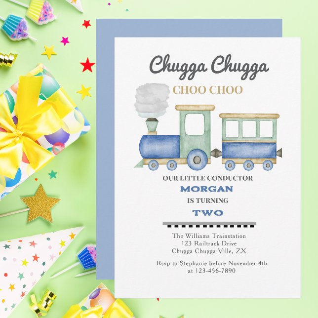 Convite Segundo aniversário de menino Blue Train Chugga Ch (Criador carregado)