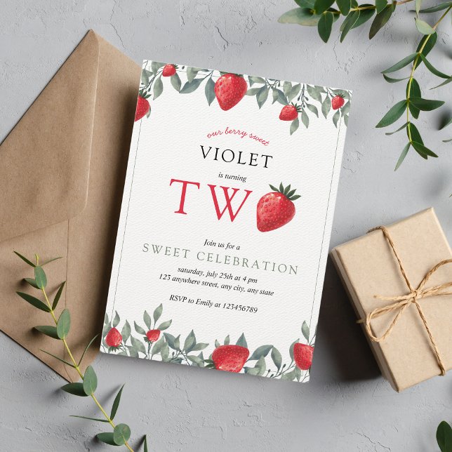 Convite Segundo aniversário de morango | Berry Sweet Water (Criador carregado)