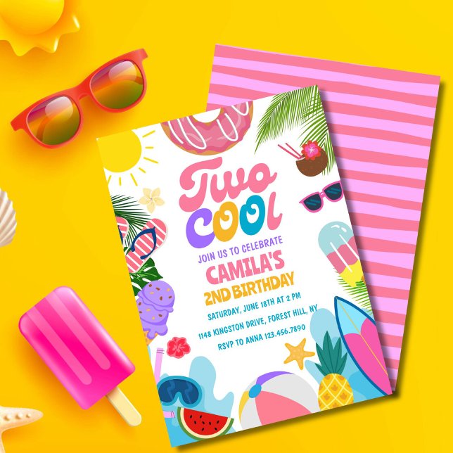 Convite Segundo aniversário de Praia da Festa de Piscina L (Pink "Two Cool" birthday invite for girls with sun, waves, and cute beach vibes!)