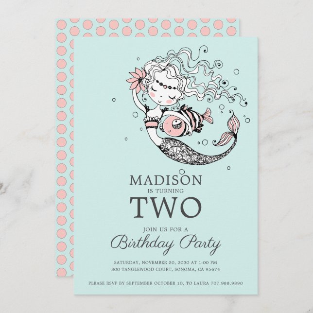 Convite Segundo aniversário de Sereia de Cor Azul-Cura (Frente/Verso)