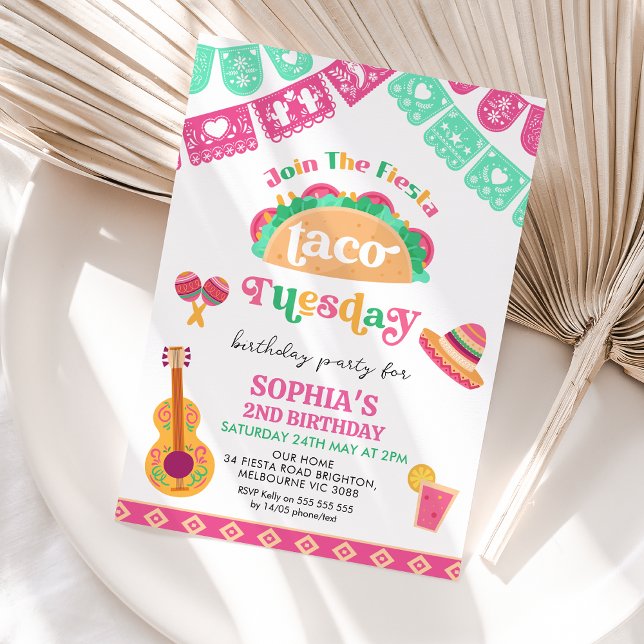 Convite Segundo aniversário de Terça-feira Moderno Pink Fi (Colorful Taco Tuesday 2nd Birthday Invitation Template, Fiesta 2nd Birthday Invitation, Mexican)
