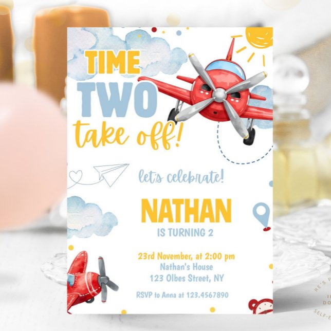 Convite Segundo aniversário de Viagem de avião azul para B (Red Blue Airplane 2nd Birthday Boy Invitation kids birthday, aviation birthday, pilot birthday, aero)