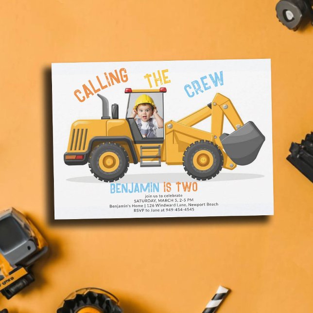 Convite Segundo aniversário do Bulldozer Crew Photo Boy (photo construction invitation 2nd birthday second boys bulldozer vehicle theme personalized)