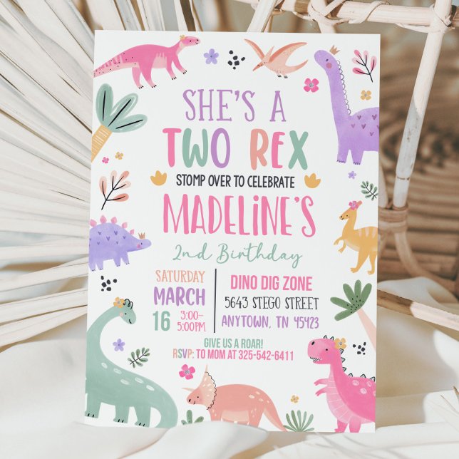 Convite Segundo aniversário do Pastel Dinosaur Garota 2 (Criador carregado)