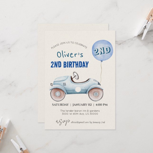 Convite Segundo aniversário do tema do carro (Frente/Verso In Situ)