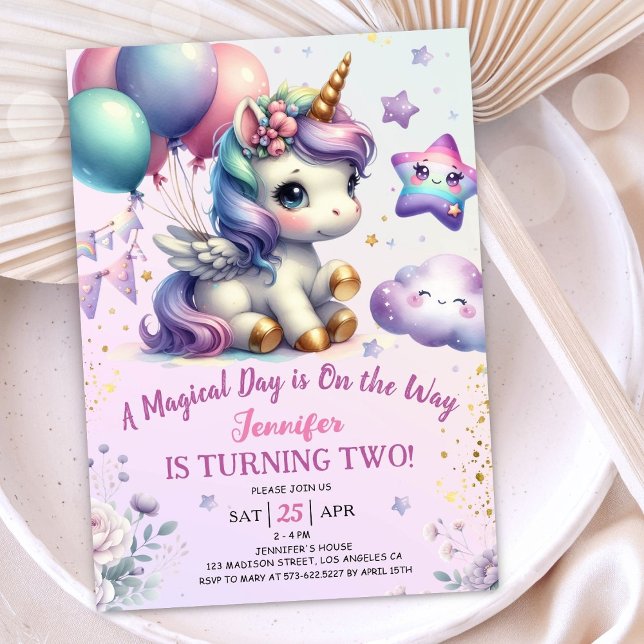 Convite Segundo aniversário do Unicórnio Convide Rapariga  (#UnicornBirthdayInvitation #UnicornBirthdayInvitationTemplate #UnicornBirthdayInvitationEditable 
)
