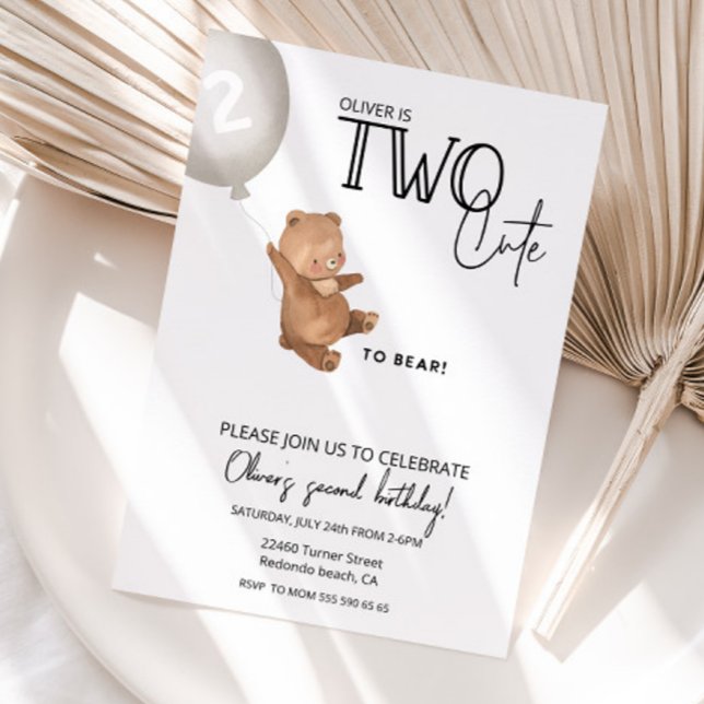 Convite Segundo aniversário DOIS de urso de pelúcia boniti (Teddy Bear Inviation, TWO CUTE TO BEAR birthday invitation)