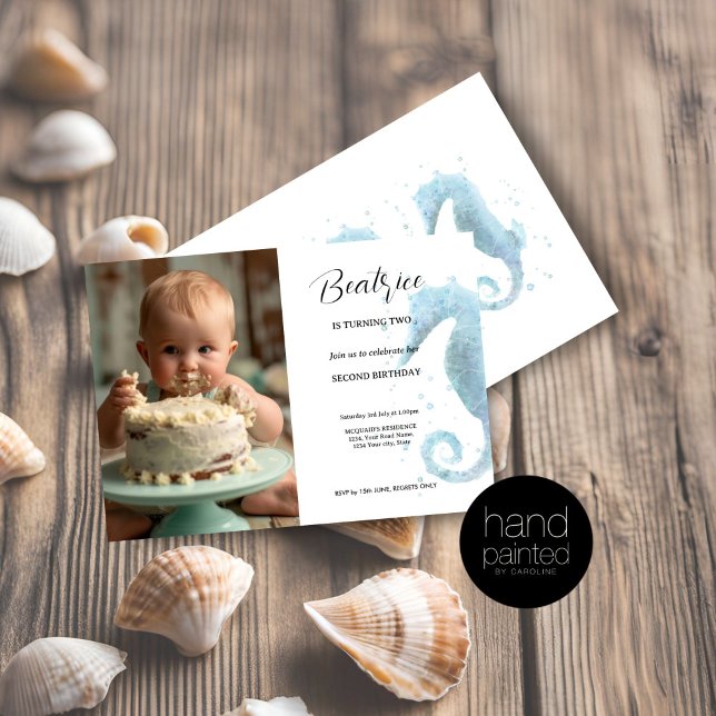 Convite segundo aniversário Dusty Blue Seacavalo Foto (2nd Birthday Invitation Watercolor Seahorse)