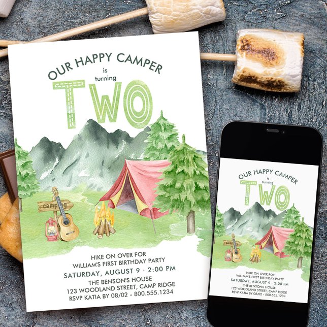 Convite Segundo aniversário Feliz Camper Watercolor Boys (Camping themed 2nd birthday invitation for your happy camper)