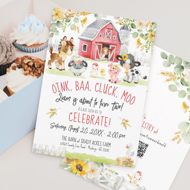 Convite Segundo aniversário Floral Boy do Barnyard da Faze (Cute Watercolor Red Barn Farm Barnyard animals Sunflower floral oink baa moo 2nd boy birthday invite)