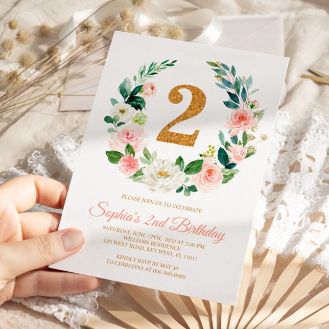 Convite Segundo aniversário Floral Cor-de-Rosa Esbranquiça (Criador carregado)