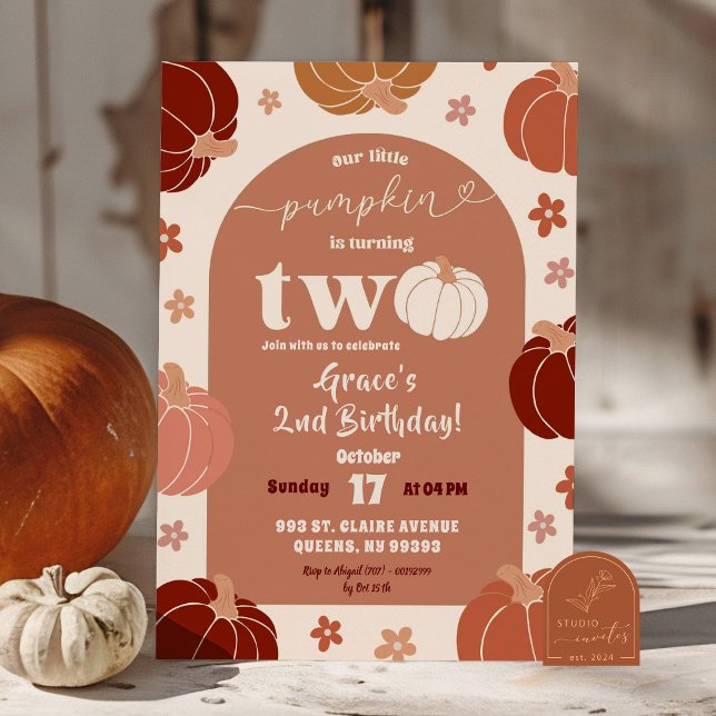 Convite Segundo aniversário Floral de Abóbora Retro (Criador carregado)