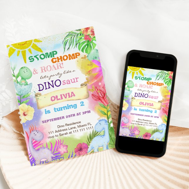 Convite Segundo aniversário Floral de Garota Glitter Dinos (Criador carregado)