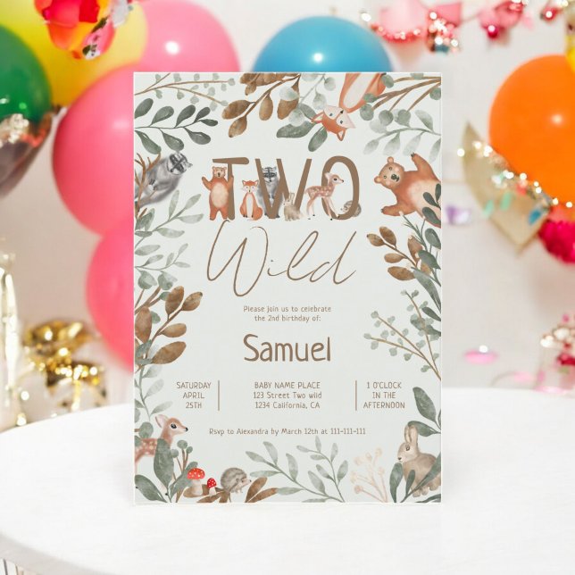 Convite Segundo aniversário florestal de espécies verdes e (Cute greenery forest animals woodland 2nd birthday invitation)
