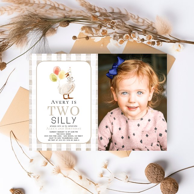 Convite Segundo aniversário Gingham Greige Gingham, Bobo (Criador carregado)