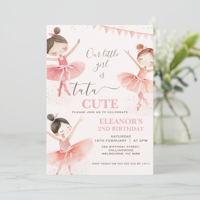 Convite Segundo aniversário Girls Pink Tutu Ballerina (Em pé/Frente)