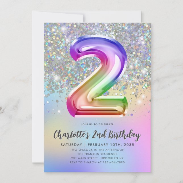 Convite Segundo aniversário Glam Rainbow Glitter Foil Past (Frente)