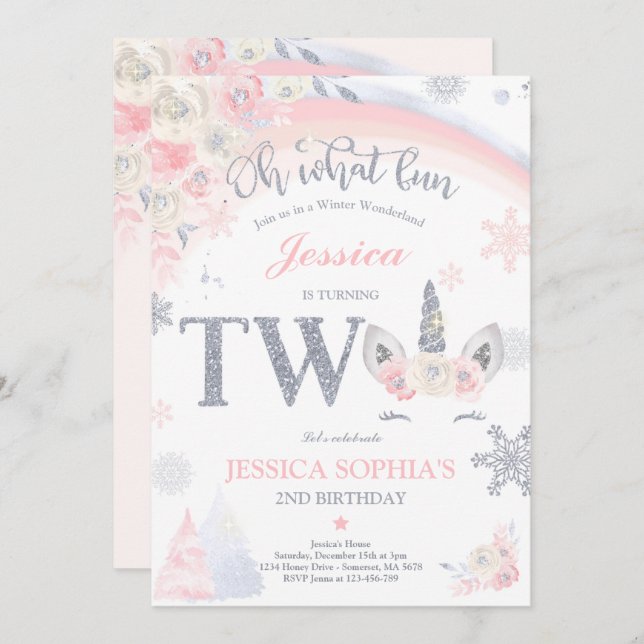Convite Segundo aniversário Inverno Unicórnio Rosa E Doura (Frente/Verso)