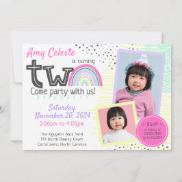 Convite Segundo aniversário Kawaii Doodles 2-Photo da Rain