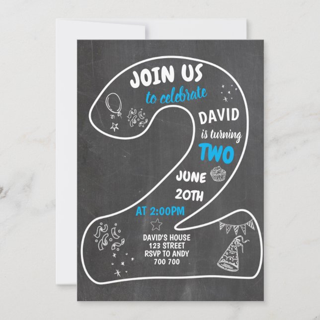 Convite Segundo aniversário Menino Número do Quadro Azul (Frente)