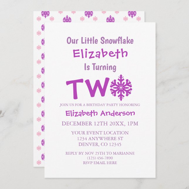 Convite Segundo aniversário Pequeno Floco de Neve (Frente/Verso)