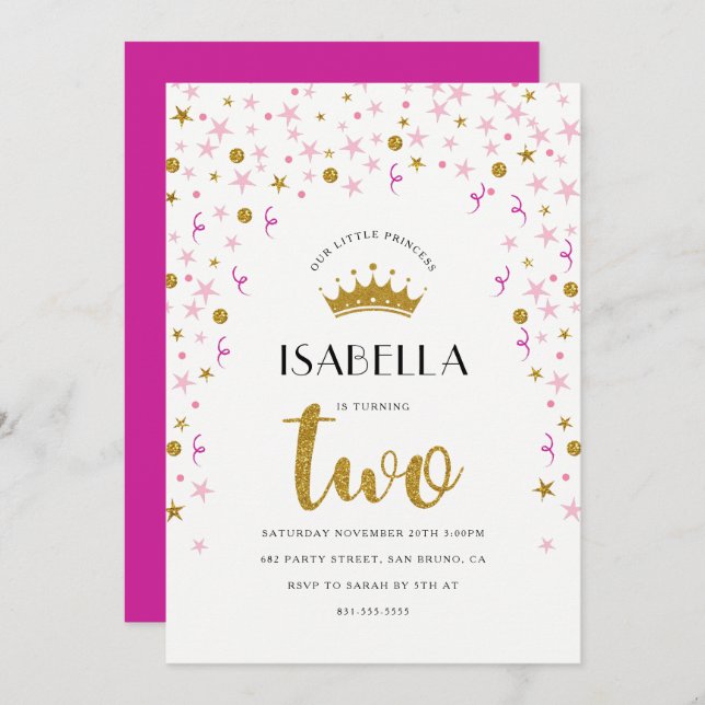 Convite segundo aniversário princesa| Confetti Dourado e r (Frente/Verso)