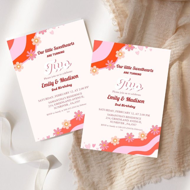 Convite Segundo aniversário Retro Swetheart Twin (Criador carregado)