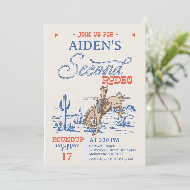 Convite Segundo aniversário Rodeado do segundo Vintage Blu (Em pé/Frente)