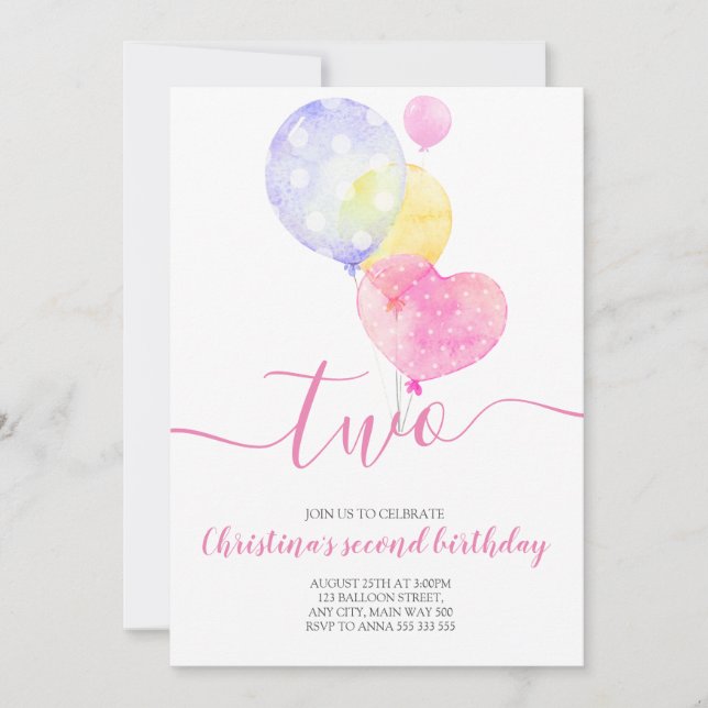 Convite segundo aniversário Rosa De Balão Dois Segundo Ani (Frente)