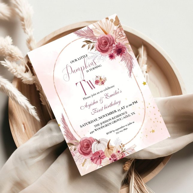 Convite Segundo aniversário Rosa Pequeno Pumpkin Twin Rapa (Criador carregado)