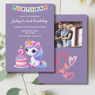 Convite Segundo aniversário roxo de foto da família de uni