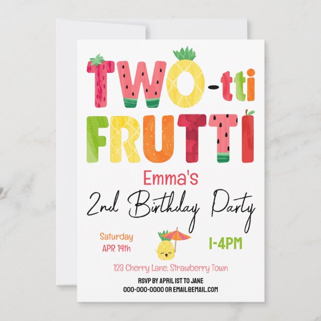 Convite SEGUNDO ANIVERSÁRIO tropical Fruta de duas frutas (Frente)
