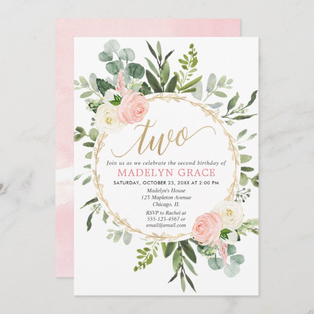 Convite segundo aniversário verde de ouro elegante (Frente/Verso)