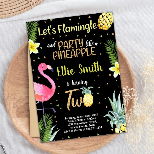 Convite segundo Black Glitter Flamingo Pineapple Invasões (2nd Black Glitter Flamingo Pineapple Invitations)