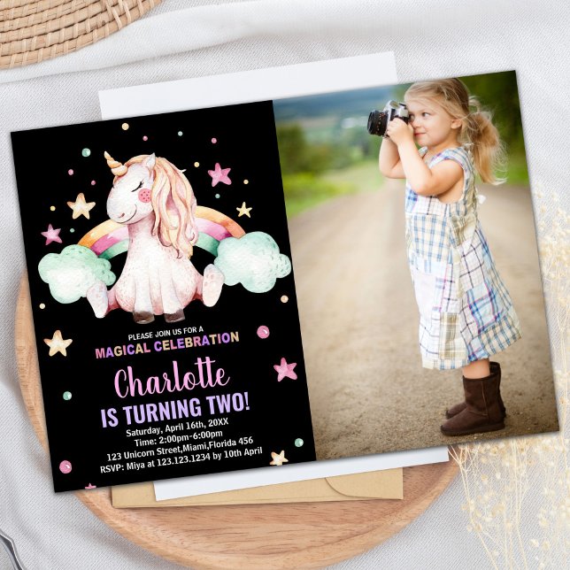Convite segundo Black Photo Unicorn Birthday Invtions (2nd Black Photo Unicorn Birthday Invitations)