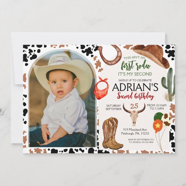 Convite Segundo de aniversário do cowboy Festa de aniversá (Frente)