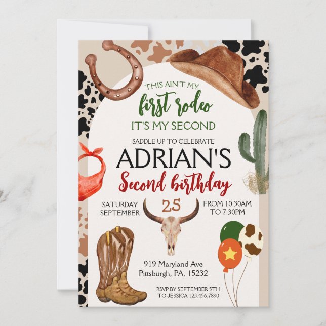 Convite Segundo de aniversário do cowboy Festa de aniversá (Frente)